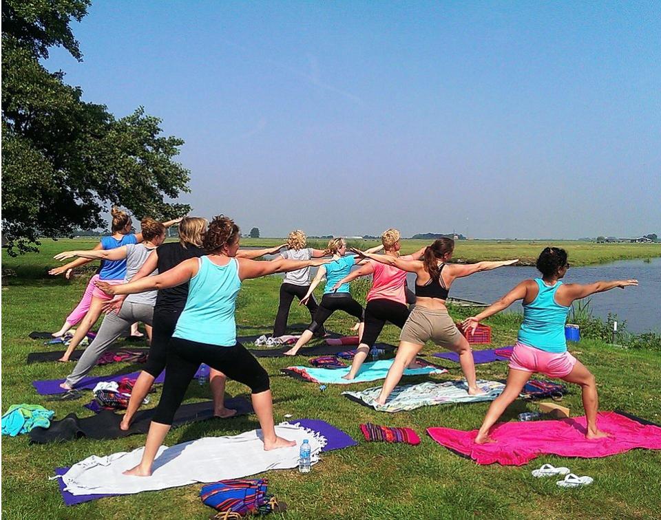 Een groep vrouwen doen yoga in de buitenlucht met een matje op het gras